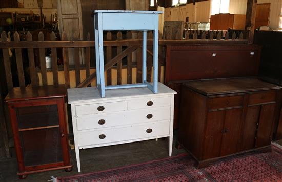 Inlaid bedhead & bed end, glazed cabinet, school desk & chest of drawers & music cabinet(-)